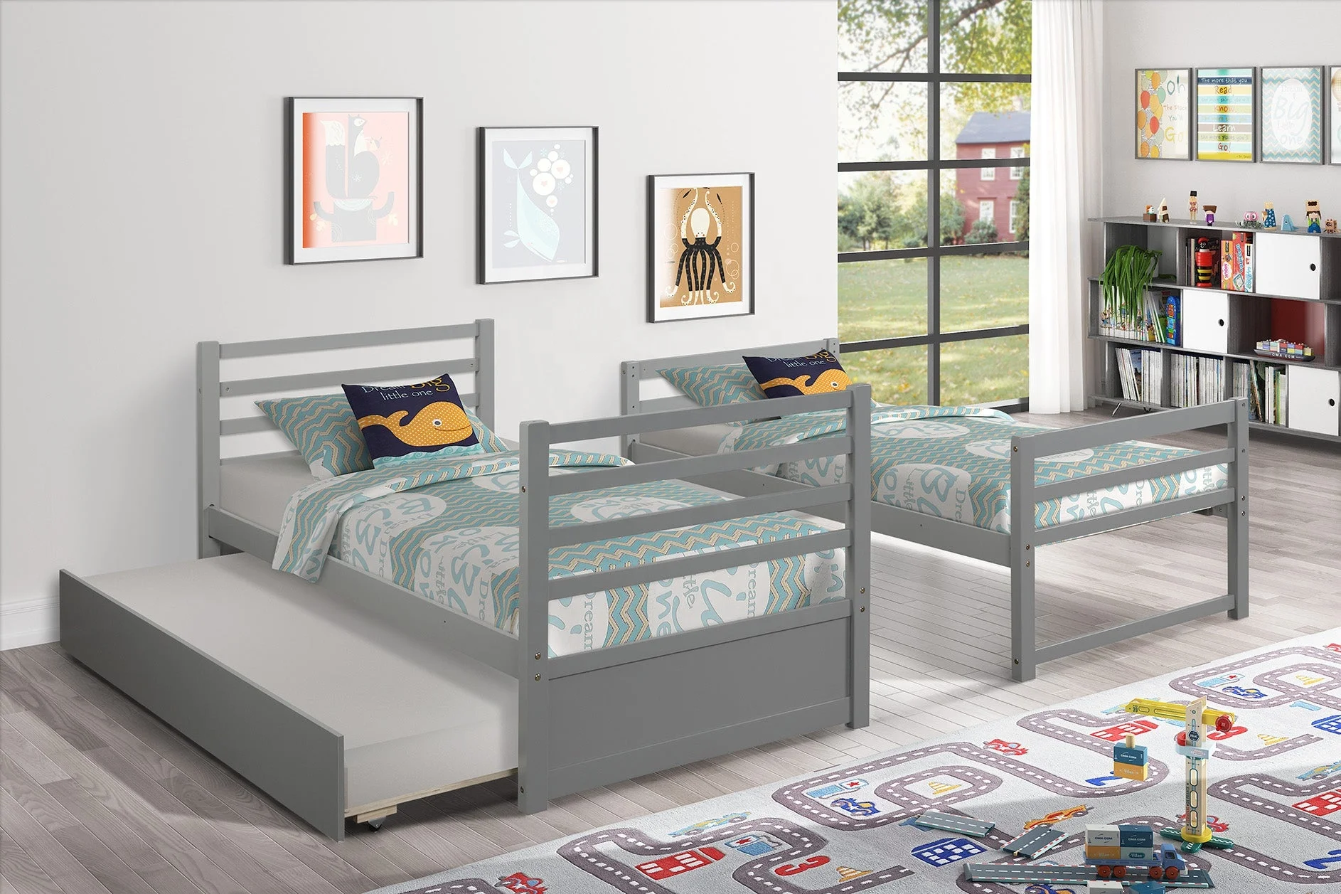 ODM/OEM Twin Over Twin Wood Bunk Bed with Trundle Bed Frame Bed Room Furnitures