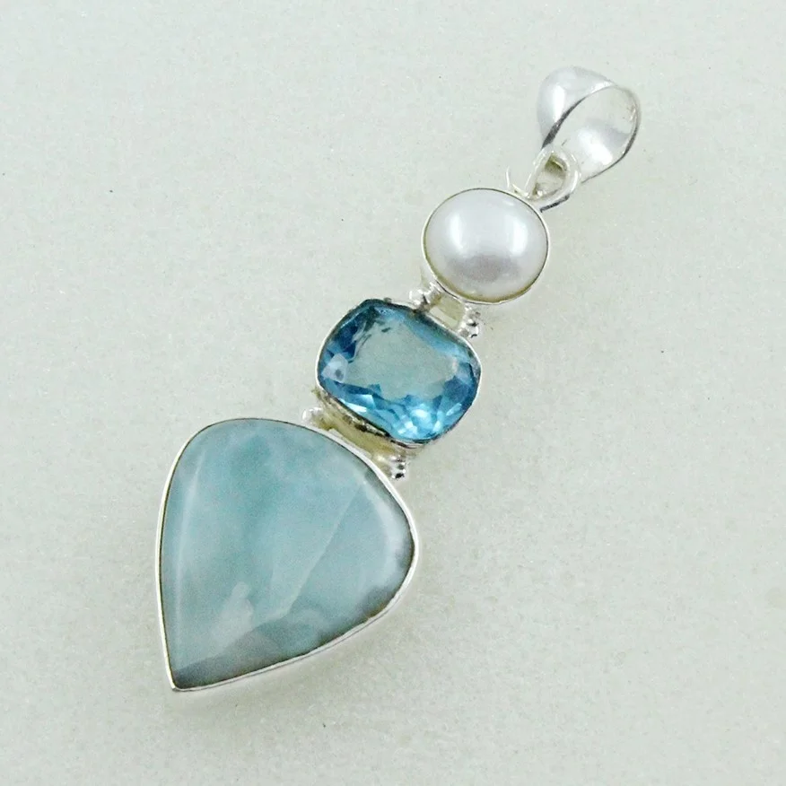 Most Popular Design Pearl, Blue Topaz & Larimar Stone 925 Silver Sterling Pendant Larimar Multi Stone Pendant