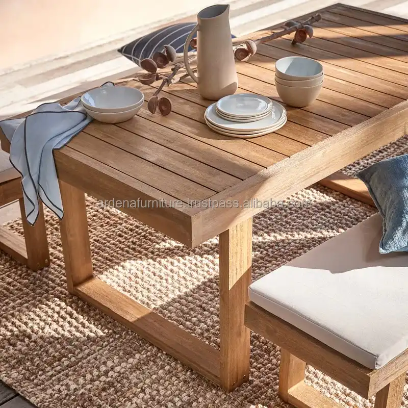 Rectangular Dining Table Set with Removable Cushion Seat Teak Wood Bench for Outdoor Hotel Banquet Restaurant Furniture Use