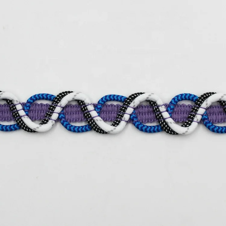 Custom blue purple 3cm polyester decorative crochet trim with braid cords for bags garment home textile