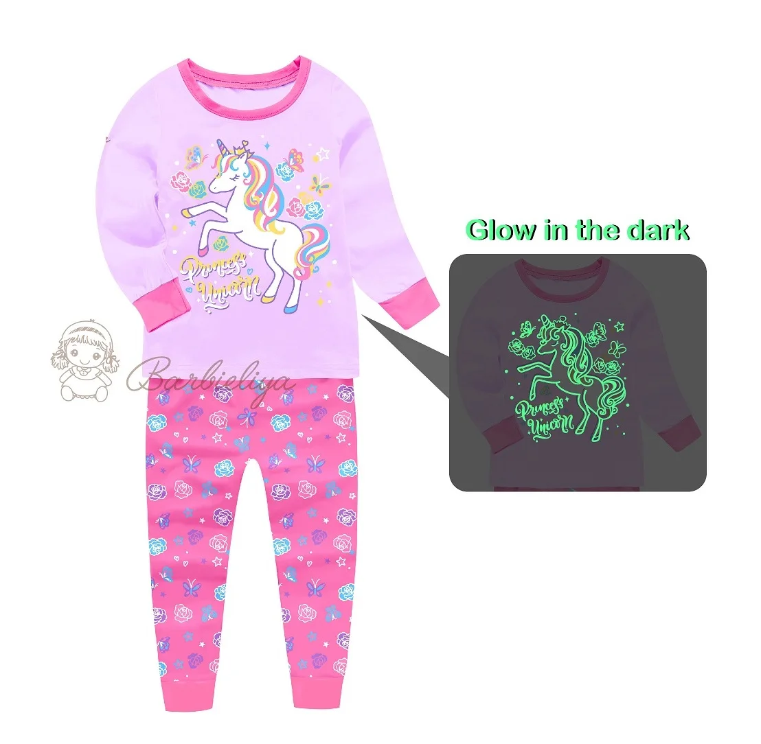 Barbieliya manufacturer design and sell butterfly pajamas girls sleepwear  glow in the dark kid pyjamas
