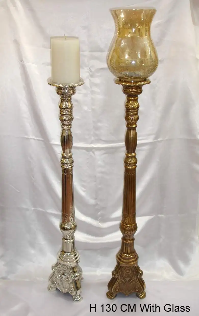 Aluminum Brass Antique Embossed Candle Pillar Holder Royal Luxuries Classic Design Indian Hand Crafted Long Floor Candle Holder