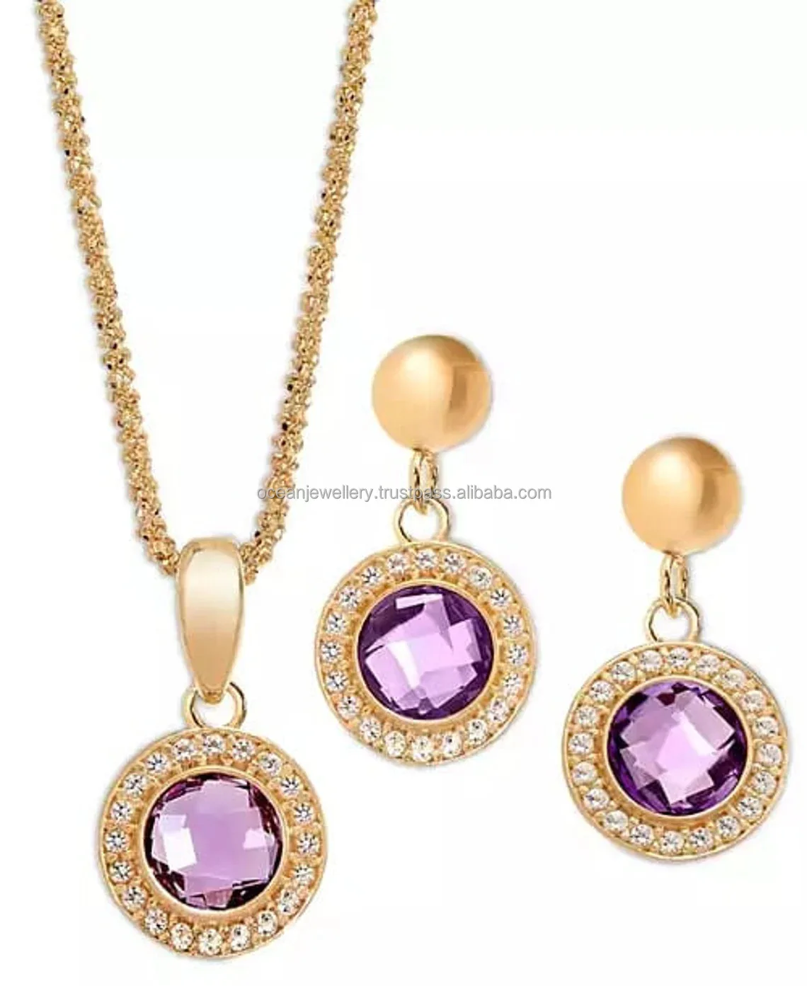 Wholesale 18k Gold Plated 925 Sterling Silver Natural Amethyst With White Topaz Necklace With Earrings For Women