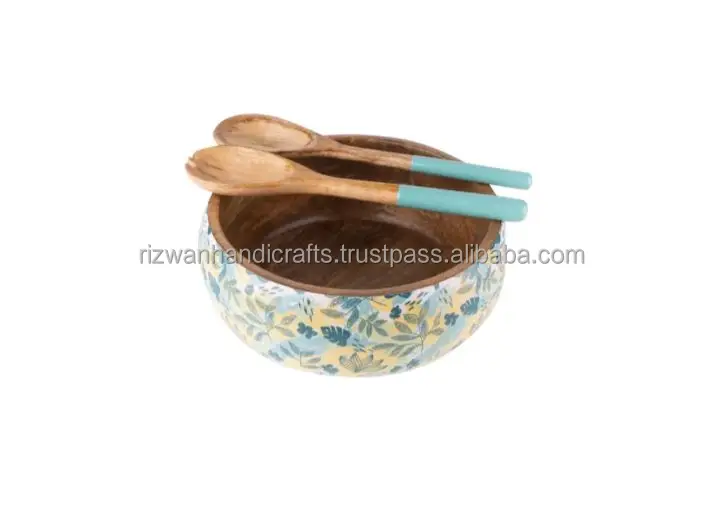 Wooden material Salad Bowl Enamel Coated with Wooden Salad serving Spoon, salad server