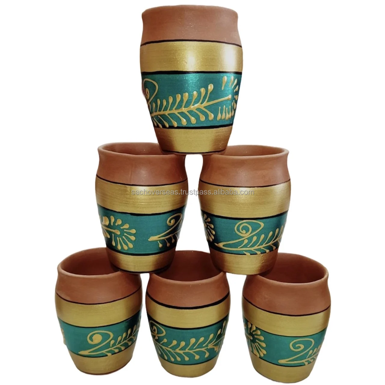 Eco Friendly Non Toxic  Hand-Painted Earthen Brown Ceramic Clay Glasses with Golden Painting For Wholesale