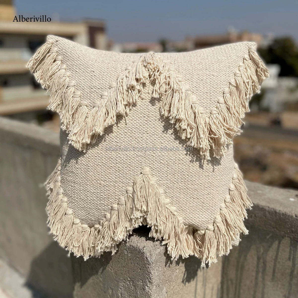 Natural Striped Fringe Black Throw Pillows Moroccan with Tassel Cotton Handmade Bohemian Throw Pillow Cover