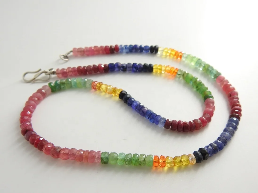 Multi Sapphire Faceted Roundel Bead Necklace 925 Sterling Silver Clasp Handmade Gemstone Fashion Jewelry Necklace Gift For Her
