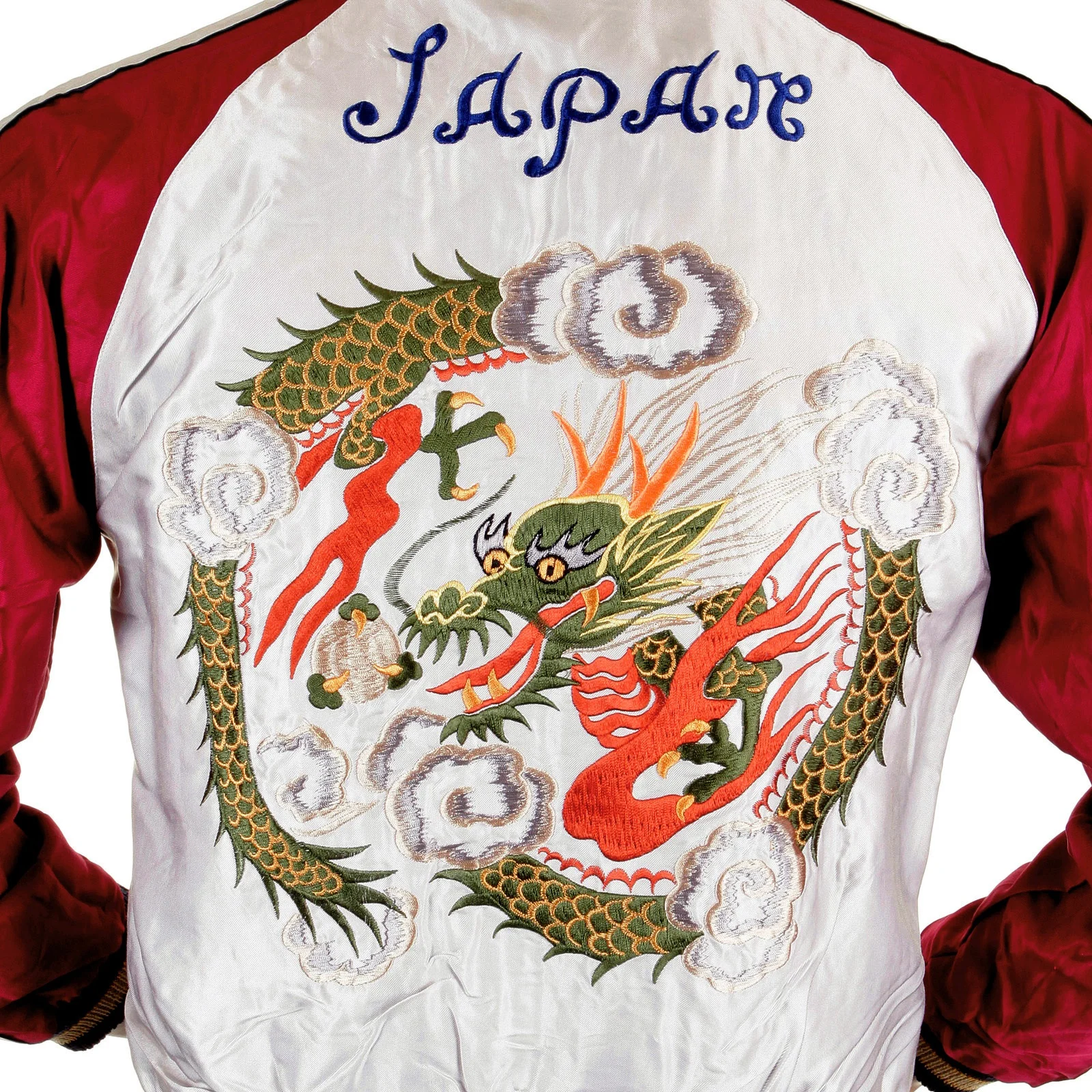 OEM Custom Varsity Silk Reversible Silver Souvenier Jacket with Hand Embroidered Dragon Bomber Jackets black body Plus Size