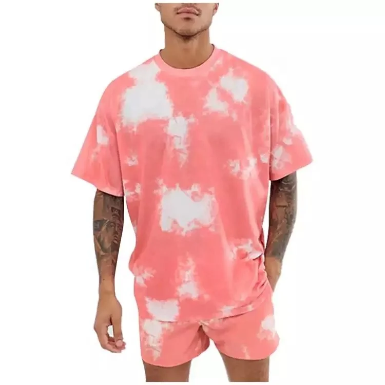 Pink Crew Neck Dropped Shoulders Tie-Dye Design Oversized T Shirt Shorts Two Piece Men Short Set
