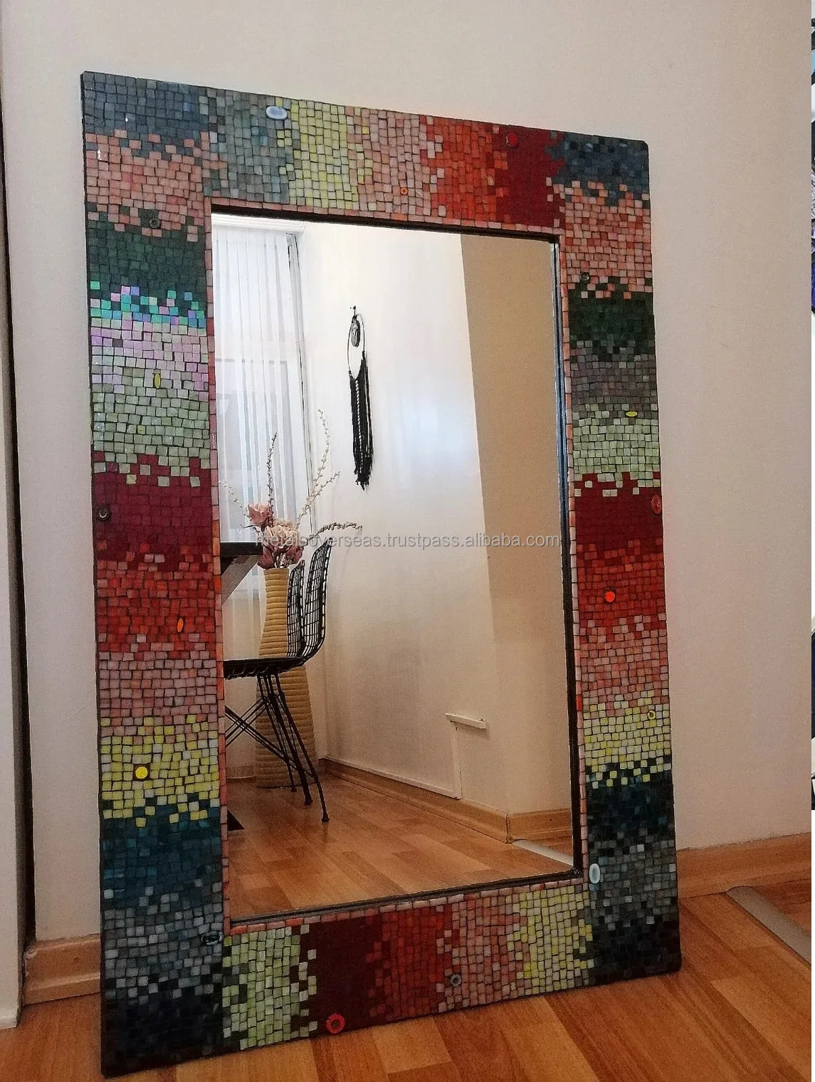 Natural Mosaic Decorative Hanging Rectangle Ceramic Tile Inlay Wooden Frame Mirror for Wall Home Art Decor