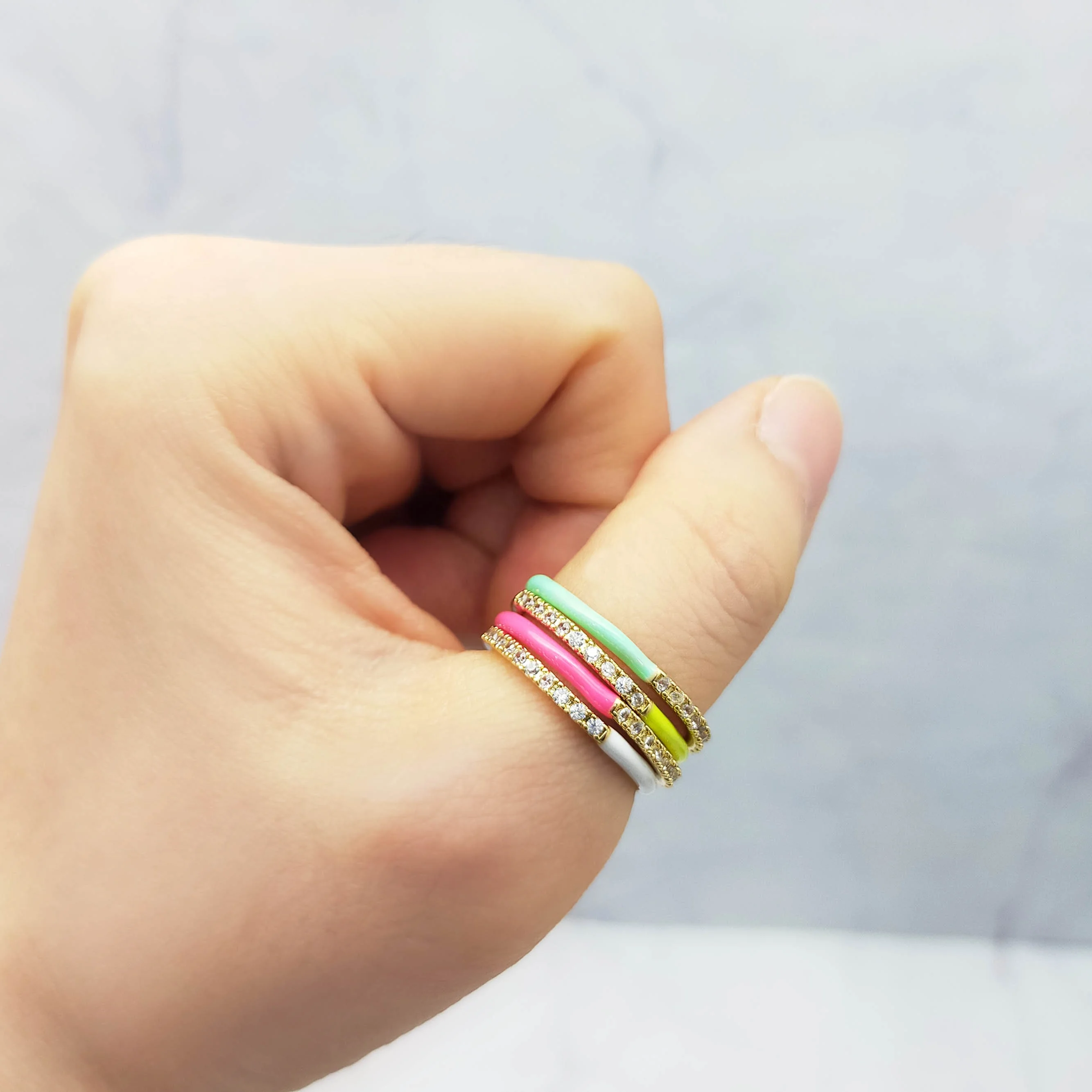 Vintage Neon Enamel Open Adjustment Rings Ladies Fluorescent Zircon Rings