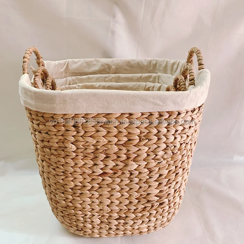 Natural Set 4 Handmade Liner Water Hyacinth Storage basket Woven Seagrass Baskets with Handles Home Decor Laundry Wicker Basket