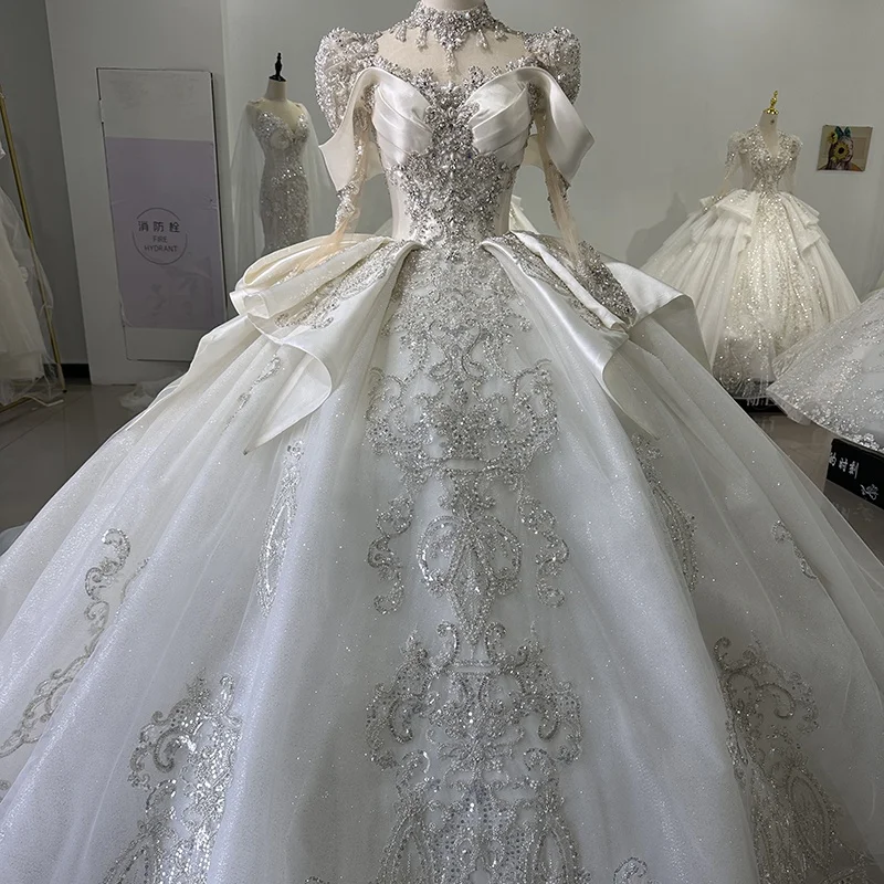 Jancember XS012 Luxury High Neck Long Sleeve Beading Ball Gown Satin Wedding Dresses