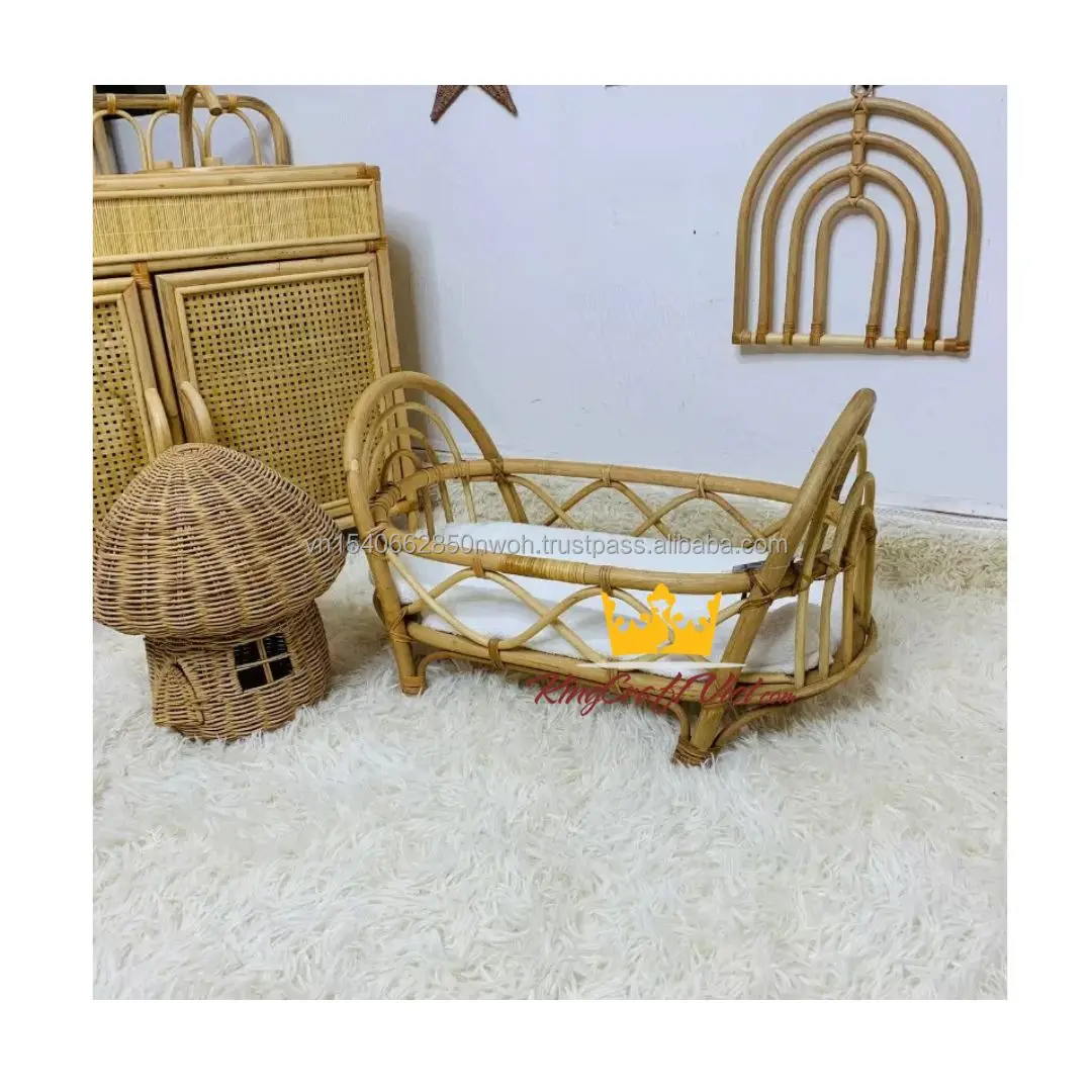King Craft Viet Rattan Baby Bassinet Crib High Quality Wicker Doll Furniture Miniatures Toys Stroller Chair Bed Home Decoration