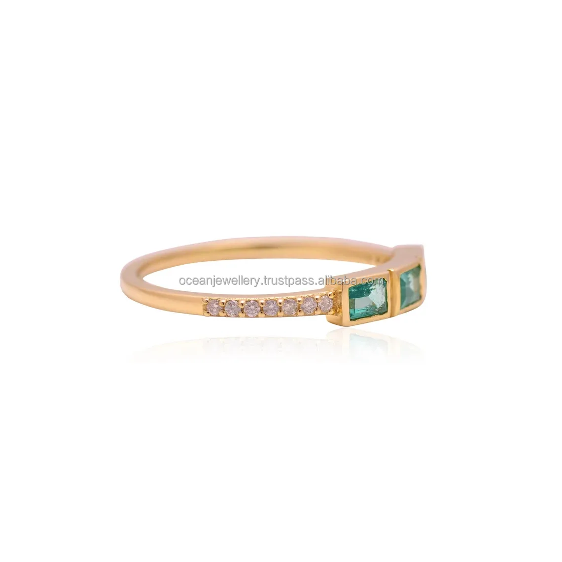 Wholesale 14k Solid Yellow Gold Square Emerald Diamond Ring Three Stone Emerald Ring Handmade Emerald Ring