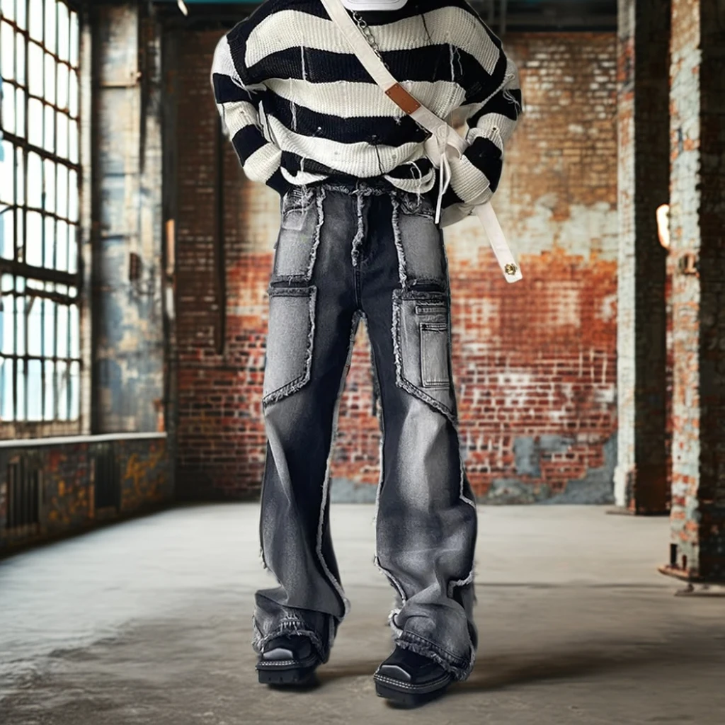 Men Black Denim Distressed Pant Wide Leg Punk Goth Grunge Cargo Jeans Baggy Dye Wash Rough Edge Pant Splicing Streetwear Trouser