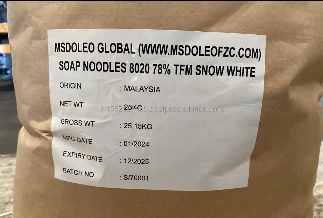 SOAP NOODLES 8020 78 TFM SNOW WHITE HIGH QUALITY MANUFACTURER MALAYSIAN ORIGIN SUPER WHITE COLOR TOILET SOAP NOODLES