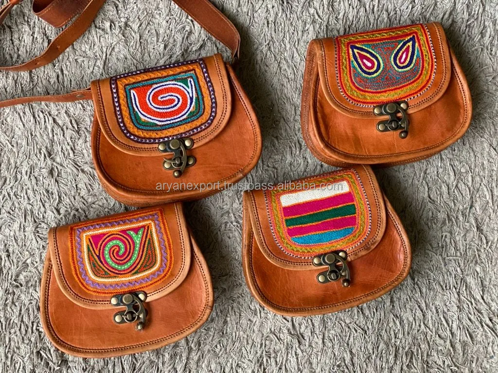 Real Handmade Goat Leather Rajasthani Embroidery 5*7 Inch Cross Body Sling Bag Women Vintage Traditional MultiColor Kashida Bag