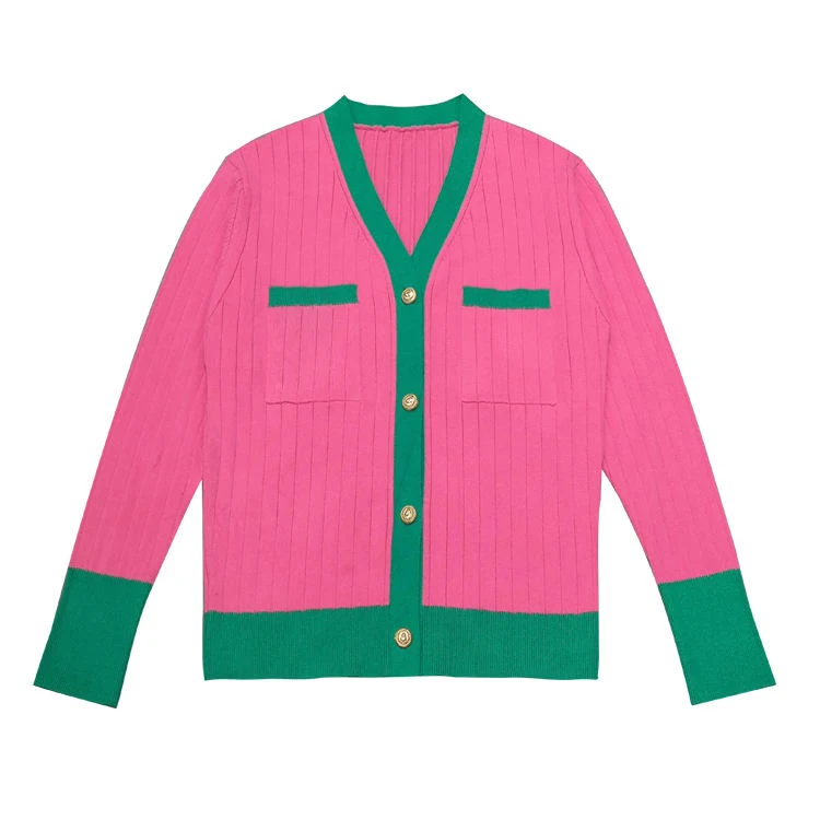 Custom Logo US women ZETA LINK custom V Neck cardigan contrast color Women viscose Cotton rib Knitted Cardigan Sweater