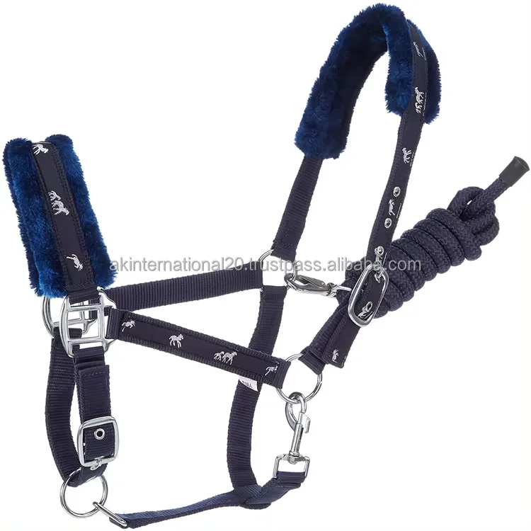 Horse Equipment Soft Padded Adjustable Nylon Horse Halter with Metal Hardware Pull Rope Halters with Nickle Plated Rings