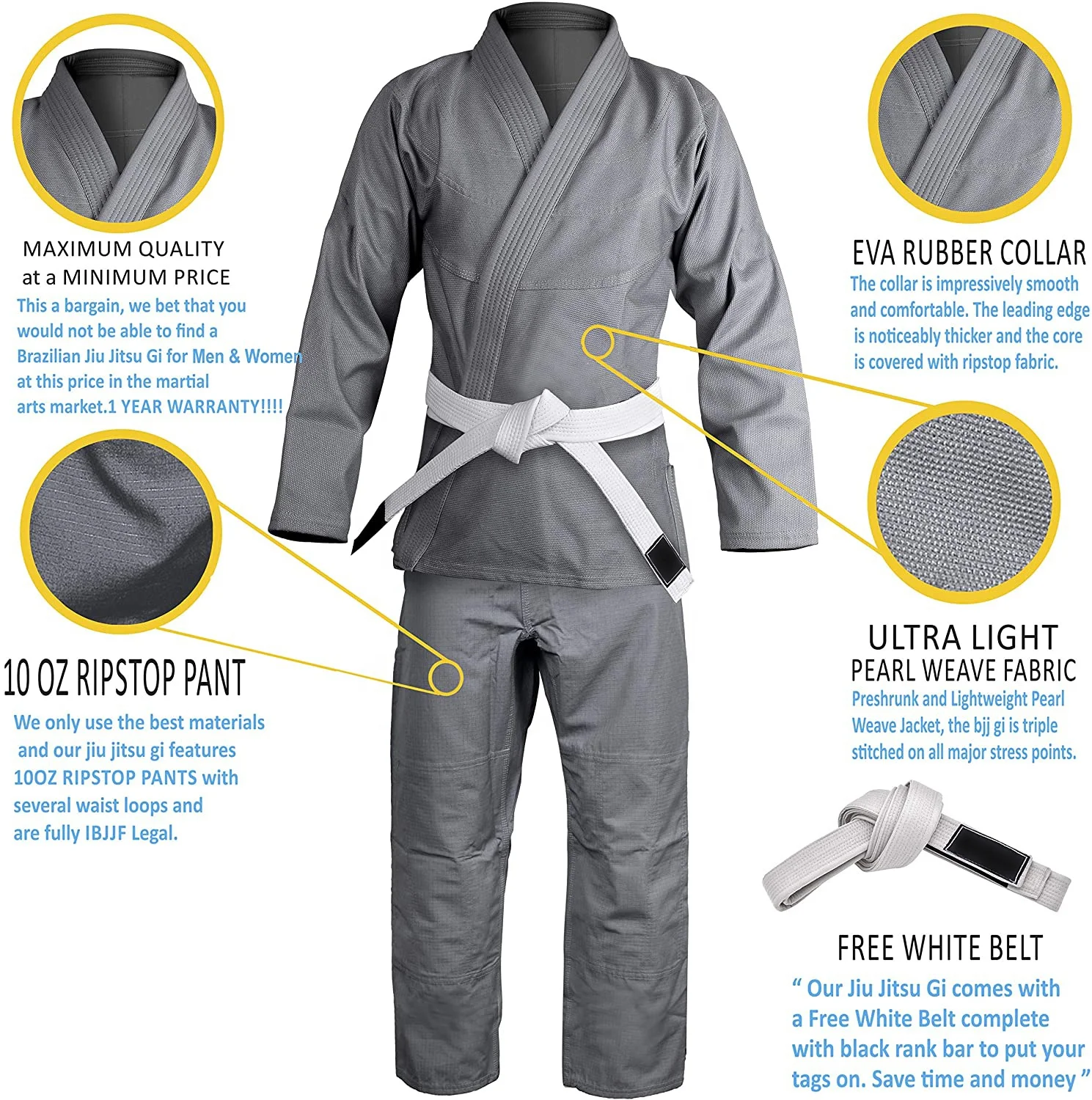 Brazilian Jiu Jitsu Gi for Men & Women Preshrunk Grappling Uniform GIS Ultra Lightweight Kimonos Adult BJJ Gi Free Belt