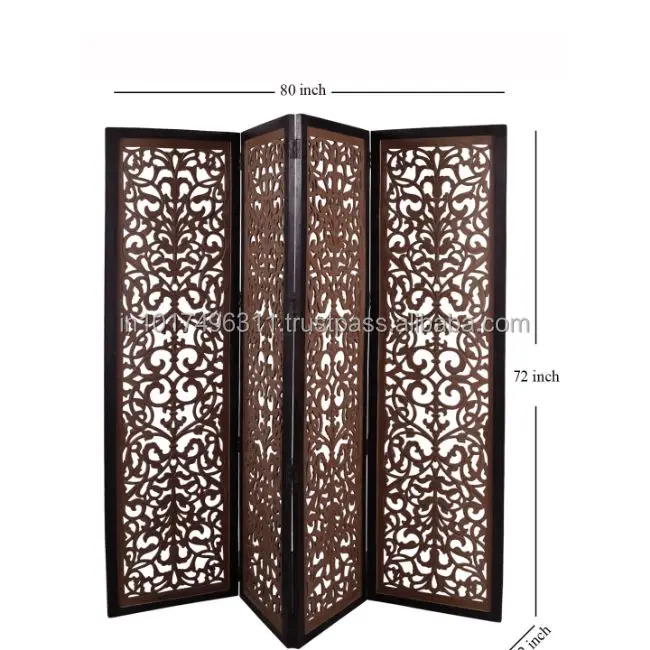 Handcrafted 4 Panel Room Partition (Brown) Solid Wood Decorative Screen (Free Standing)