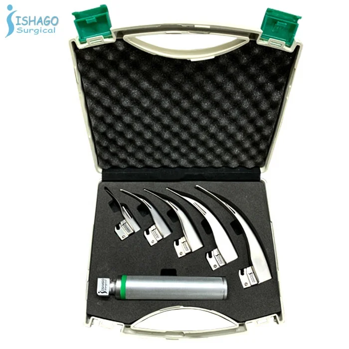 German Quality ISO Certified Stainless Steel Macintosh Fiber Optic Standard Laryngoscope Set of 5 Blades With Handle in Box