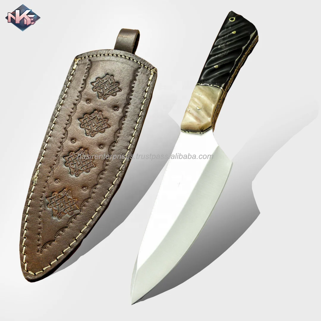 Best Selling Hand Crafted Camping Knife D-2 Steel Hunting Knife with Bull & Ram Horn Handle and Cow Hide Leather Sheath