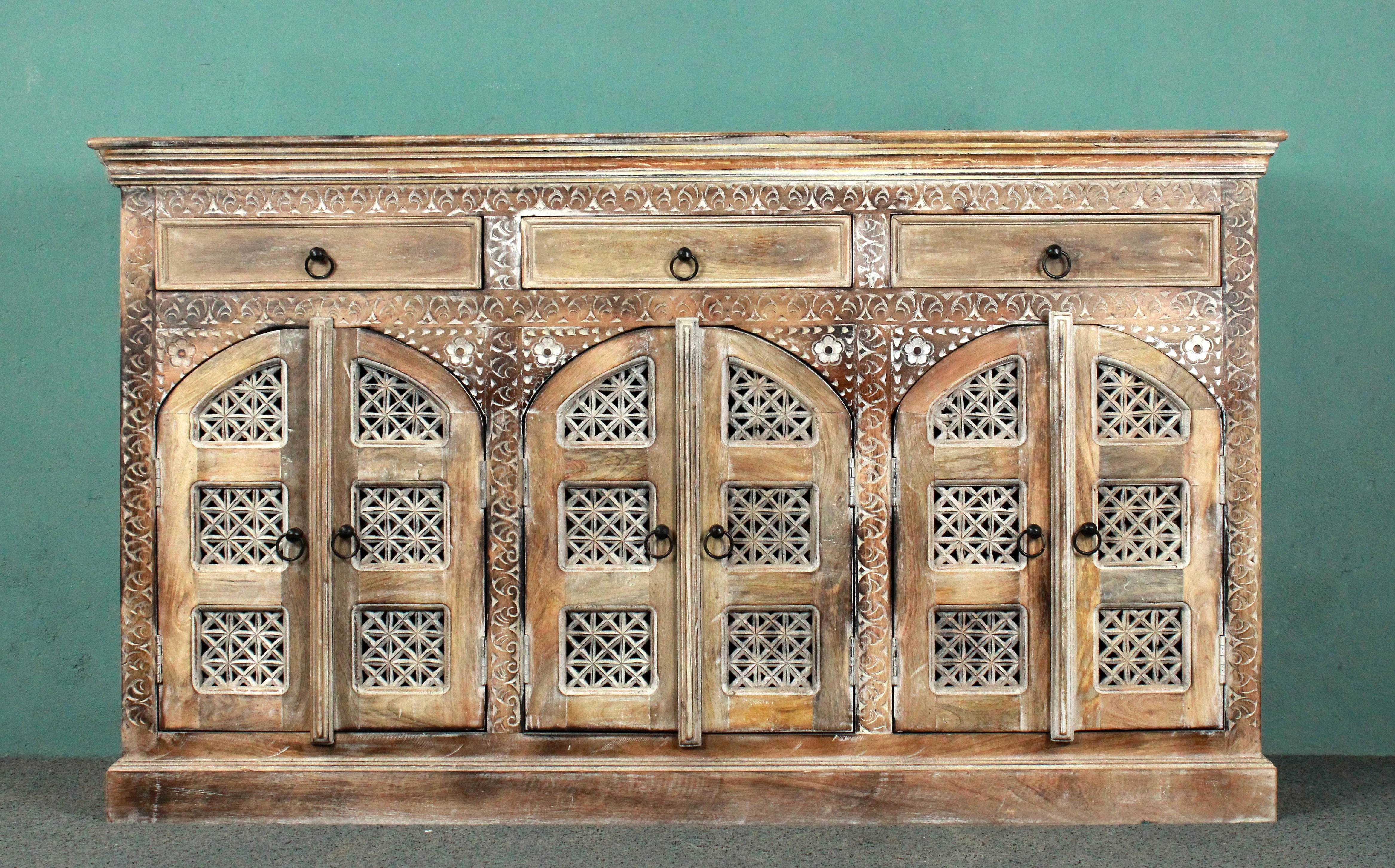 Indian Mango Wood Sideboard Carved India wooden cabinet rustic antique buffet storage cabinet with drawers handmade