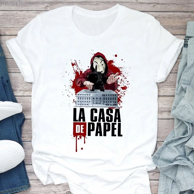Custom Logo Embroidery T Shirts Custom OEM Summer New Money Heist Harajuku Women T-shirt La Casa De Papel printed Hip Hop T shirt Fashion House of Paper Female DTG Printing design Tee Shirt