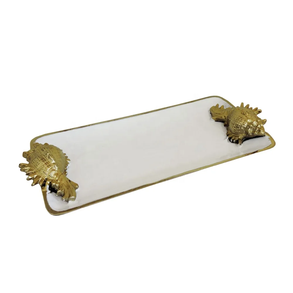 Serving Tray Set of 3 Rectangular Shape Aluminium Tray For Serving White and Gold Color wholesale serving tray