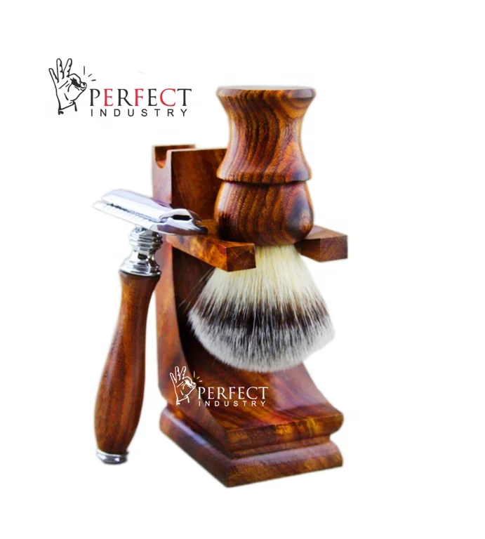 Perfect Industry 2022 wood Shaving Set Wood Handle Straight Razor Wooden Shaving Brush Stand Set