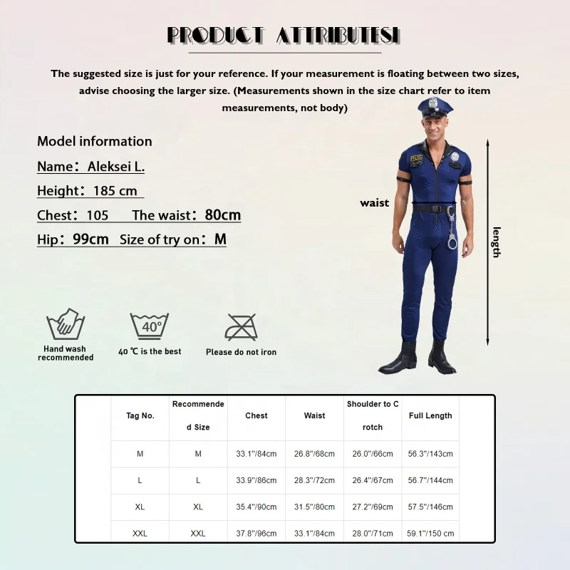 Mens Halloween Police Cosplay Costumes Jumpsuit Hat Belt Manacles Badge 7-Piece Cop Costumes Overalls Suit Party