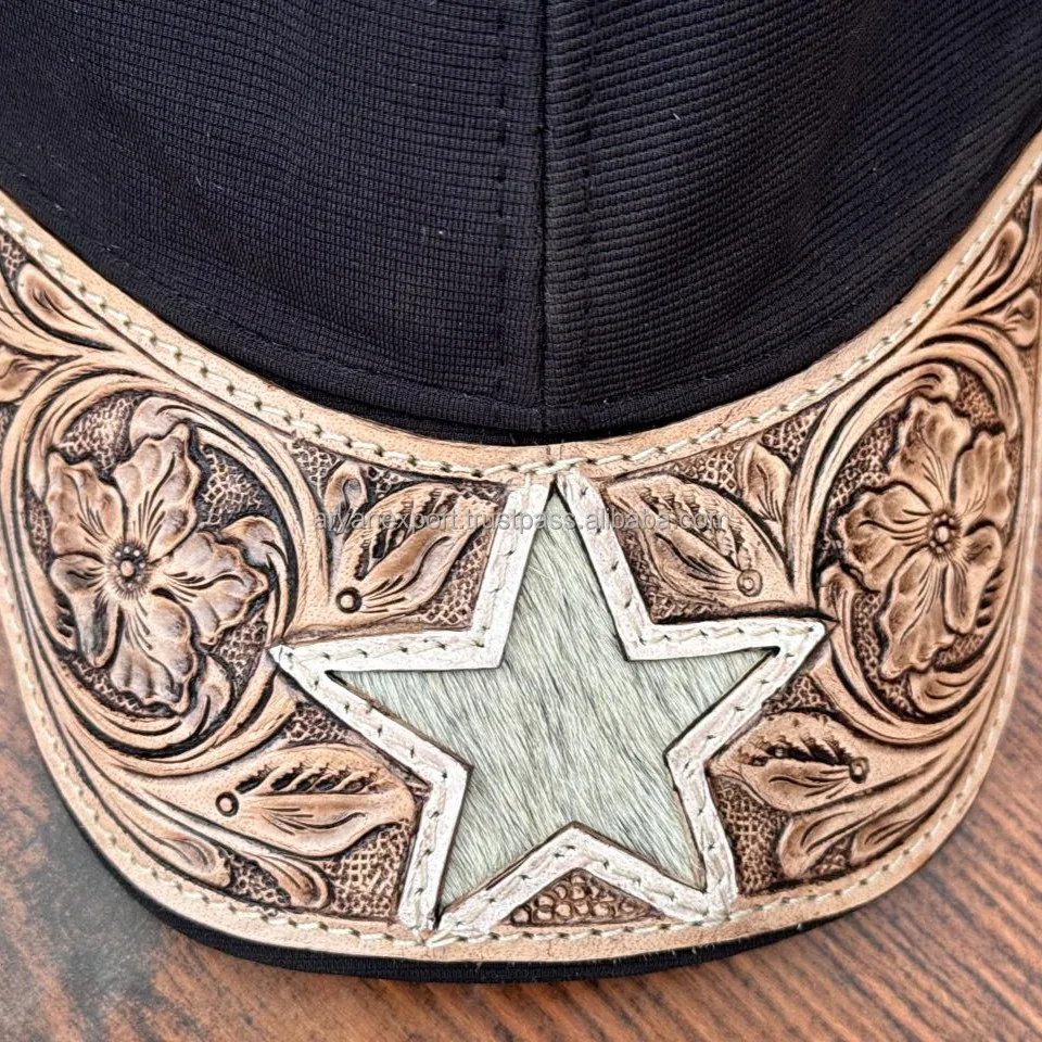 New Hair On Tooled Leather Star Trucker Hat Floral Baseball Hat Cowhide Cowboy Summer Cap Western Ball Cap Handmade Patch Hat