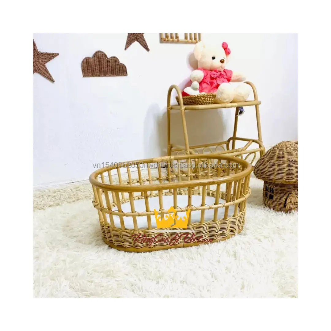 King Craft Viet Rattan Baby Bassinet Crib High Quality Wicker Doll Furniture Miniatures Toys Stroller Chair Bed Home Decoration