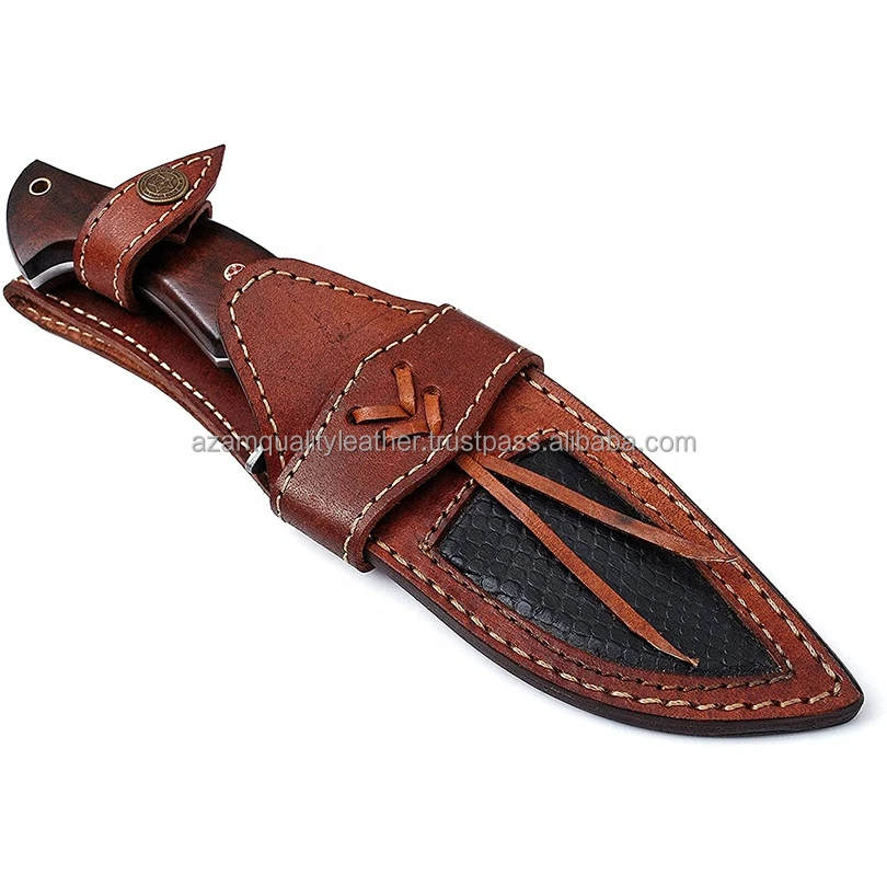 Strong Hand Crafted Camping Knife Damascus Steel Knife with Stag Horn Handle and Cow Hide Leather  cover
