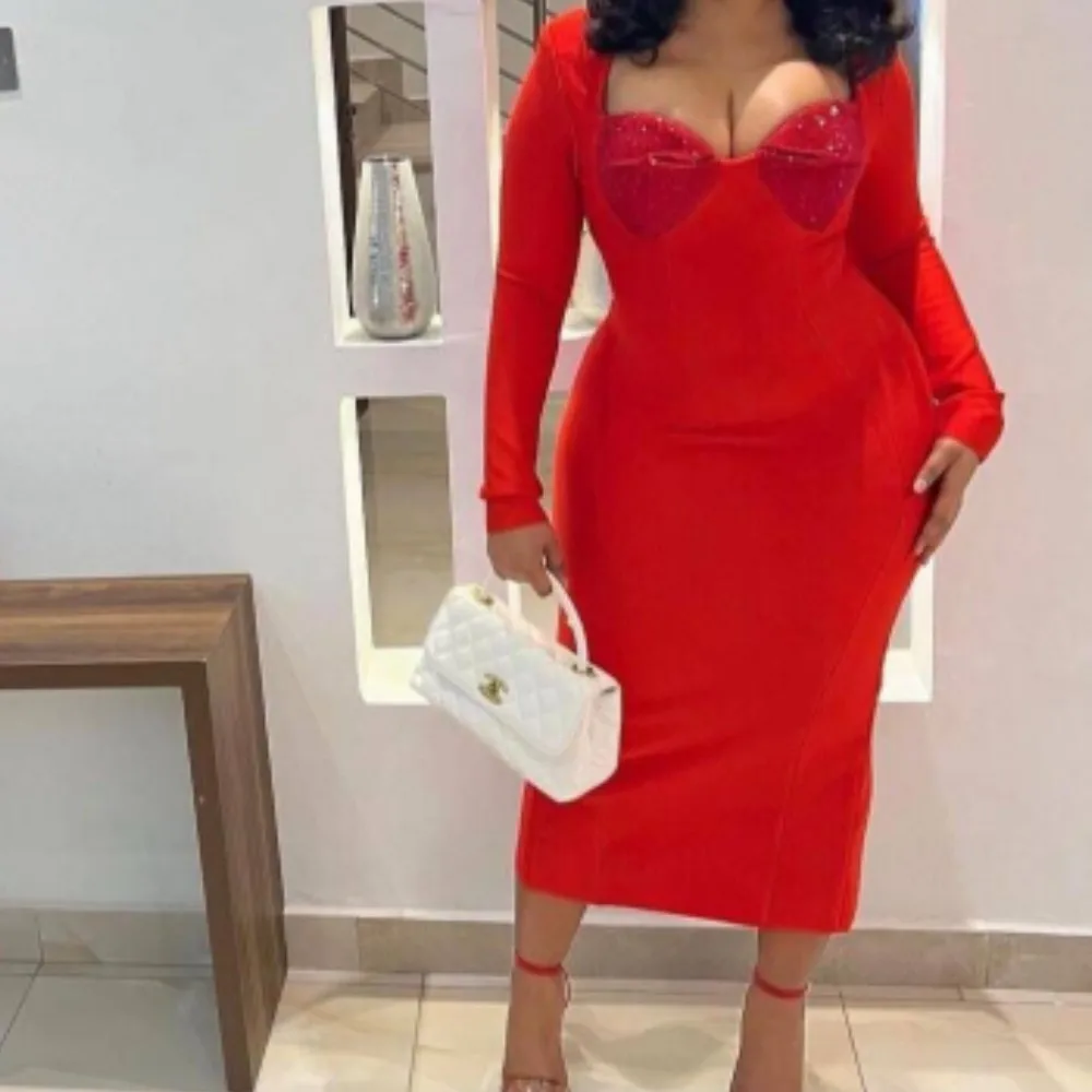 Red Sexy Square Neck Slim Long Bandage Dress 2023 Elegant Rayon Long Sleeve Slim Tight Sequin Party Dress
