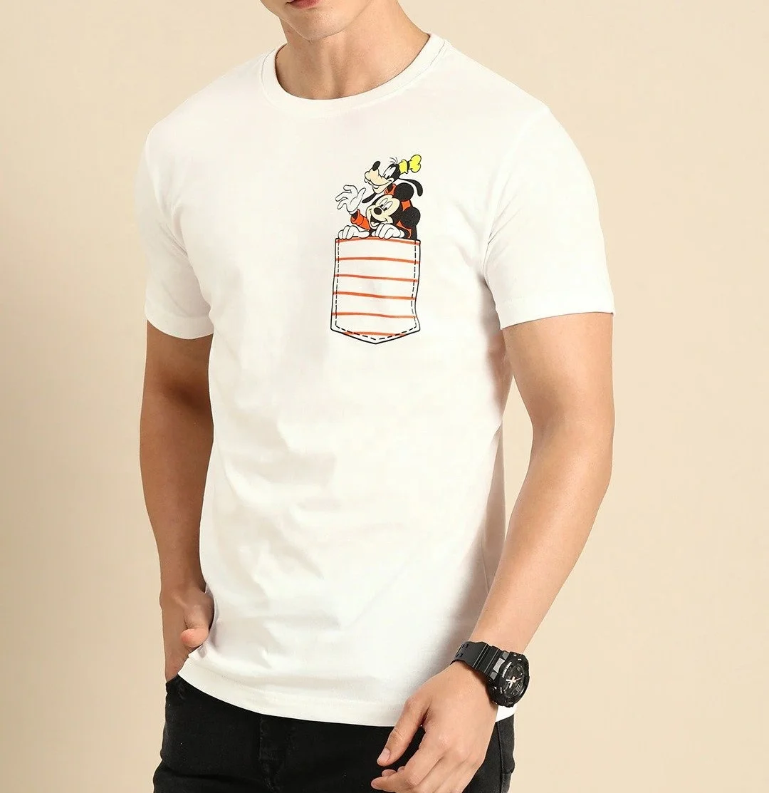 Men White Goofy & Mickey Printed Round Neck T-shirt 100% cotton