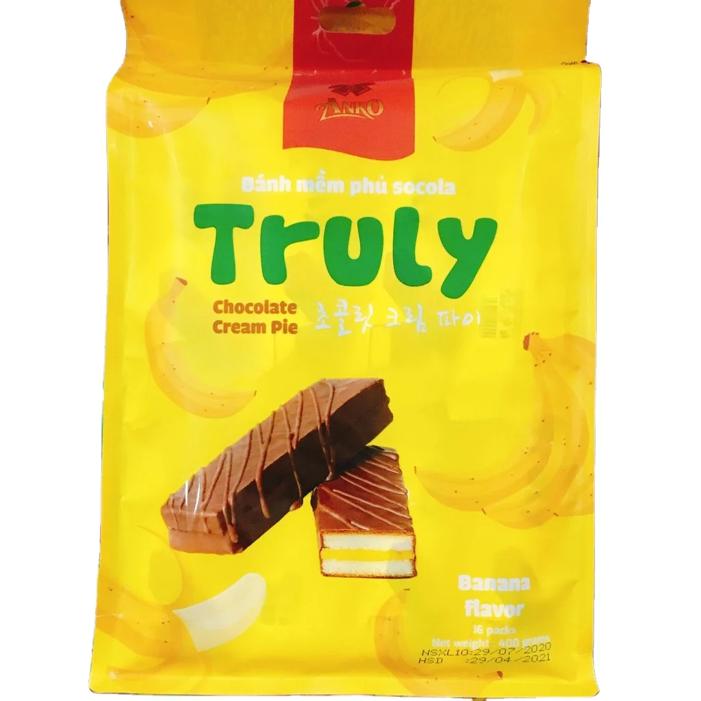 Best Selling Vietnam Leading Confectionery Manufacturer Chocolate Long Pie with Banana Marshmallow 300gr bag