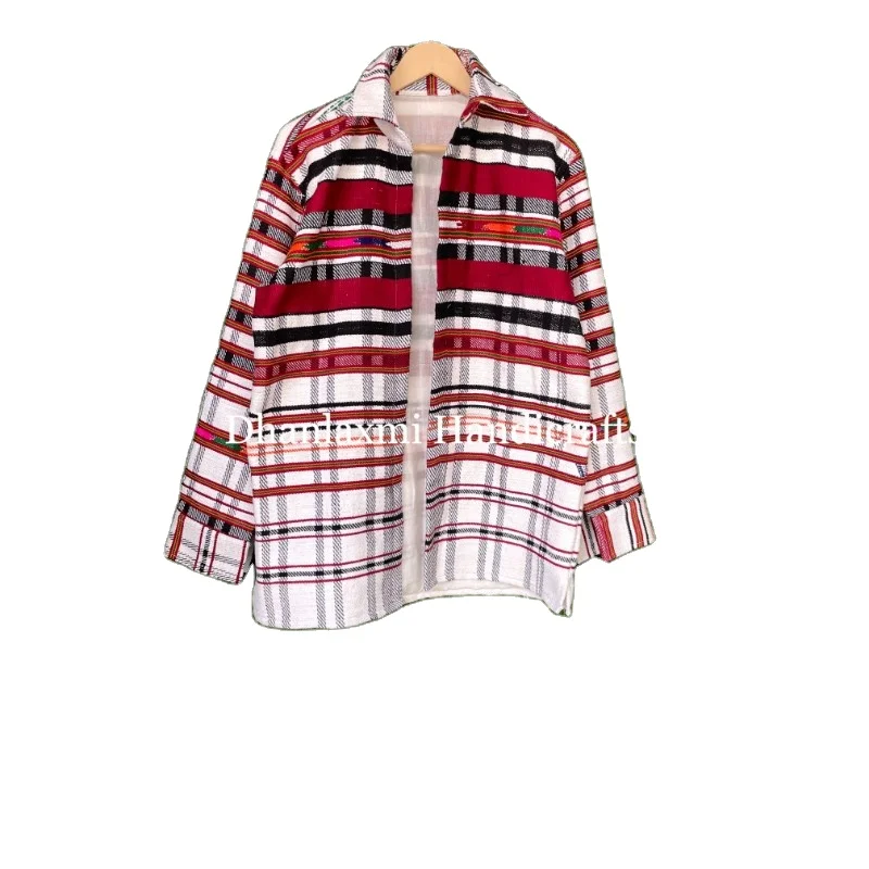 Unisex Handmade Cotton Handloom Jacket Long Sleeves Floral Pattern Pocket Decoration Leather Shell XL Party Wear Spring Autumn