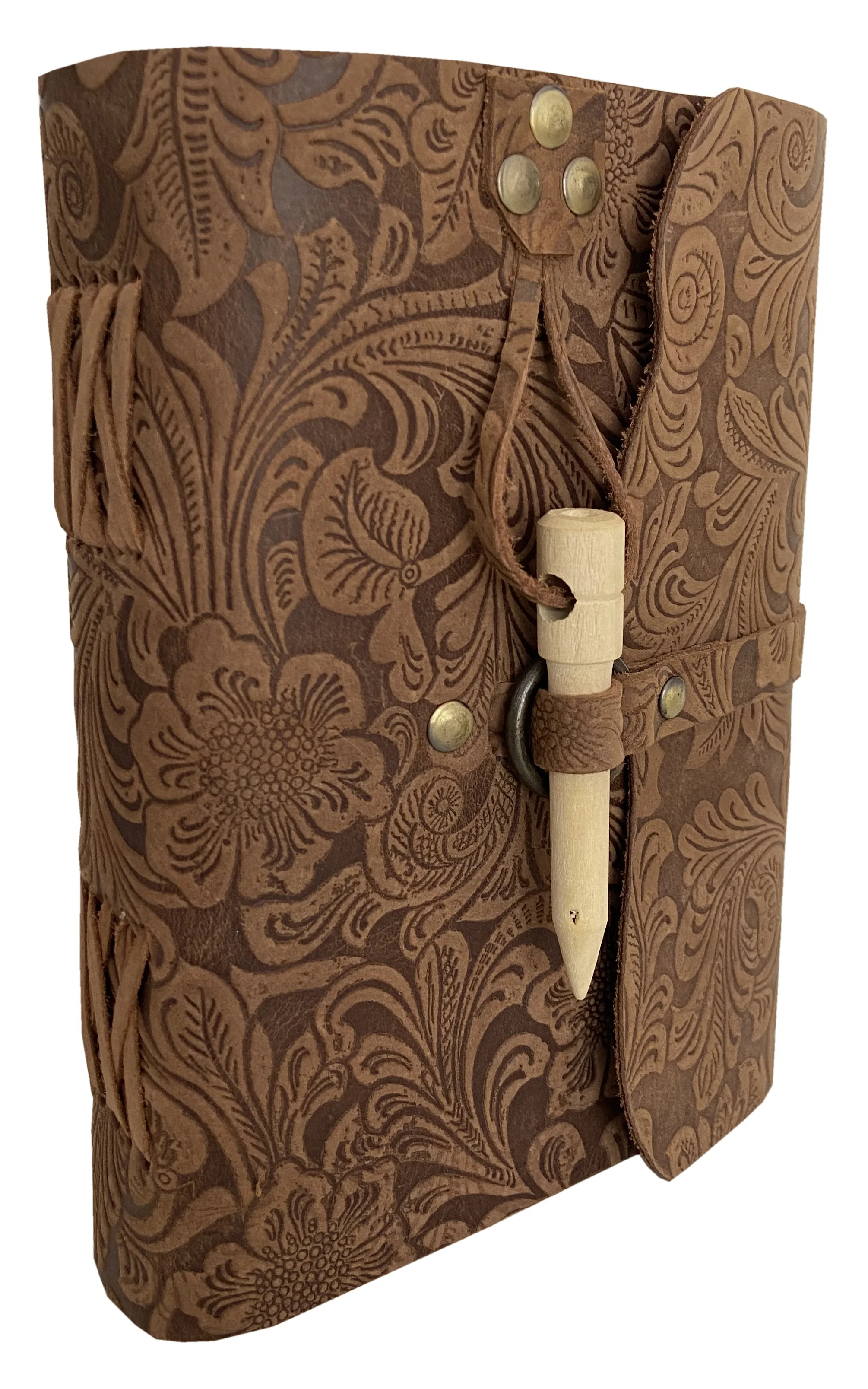 Vintage Leather Bound Journal Antique Garden Flower Notebook Spell Book Of Shadows Grimoire Journal Diary Wooden Pen  Closer