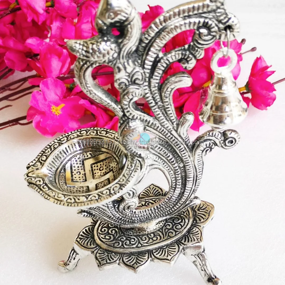 German Silver Plated Peacock Diya with Bell Indian Return Gift Wedding Favor Gifts Diwali Decor Diya Oil Wick Deepak