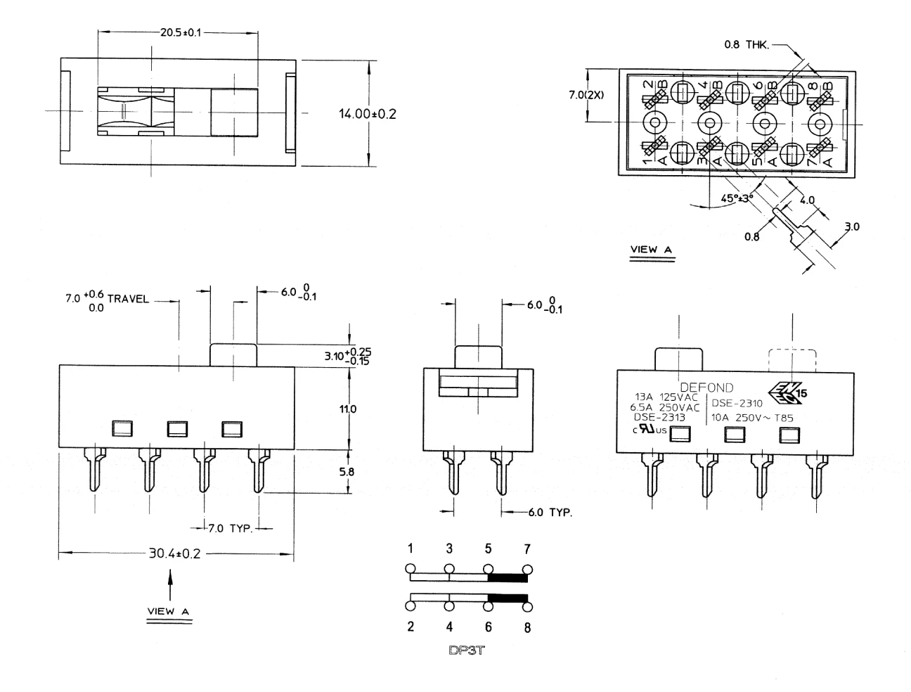 Defond ползунковый Переключатель DSE-2310-BSP31-01R различные цепи доступны 13A 250VAC T85 передвижные переключатели