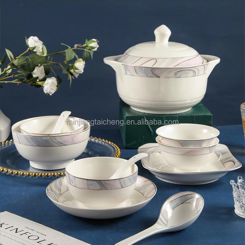 Bone Porcelain Household Food Plate 8/9 Inch Gold Circular Rice Fruit Tableware Dinner Tray Dishes Dinnerware Round Pan bowl Pot