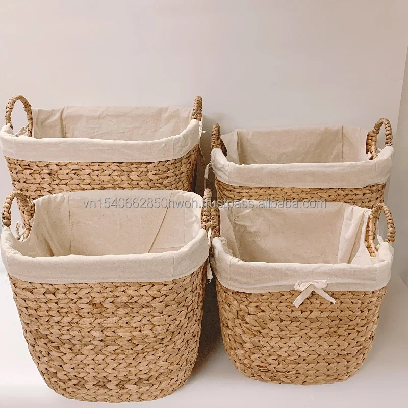 Natural Set 4 Handmade Liner Water Hyacinth Storage basket Woven Seagrass Baskets with Handles Home Decor Laundry Wicker Basket