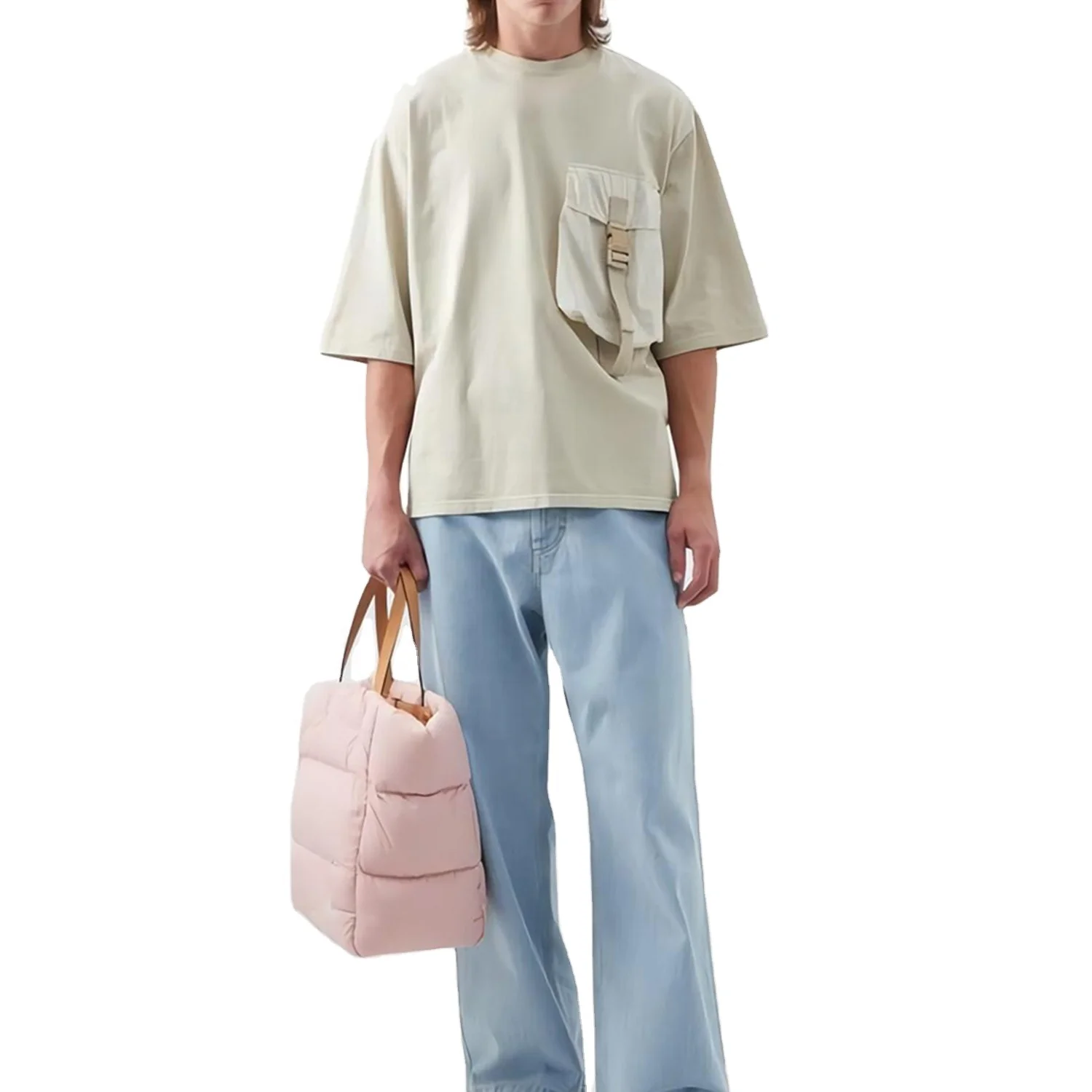 Customizable Chest Pocket Beige Color T Shirts Crew Neck Small Collar Heavy Weight Drop Shoulder Long And Boxy T Shirt