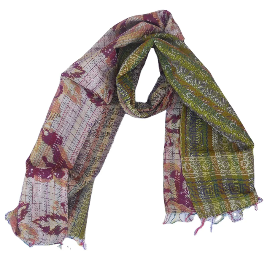 Indian Hand Quilted Neck Wrap Kantha Scarf Silk Stole Dupatta Scarves Vintage Antique Long Reversible Scarf
