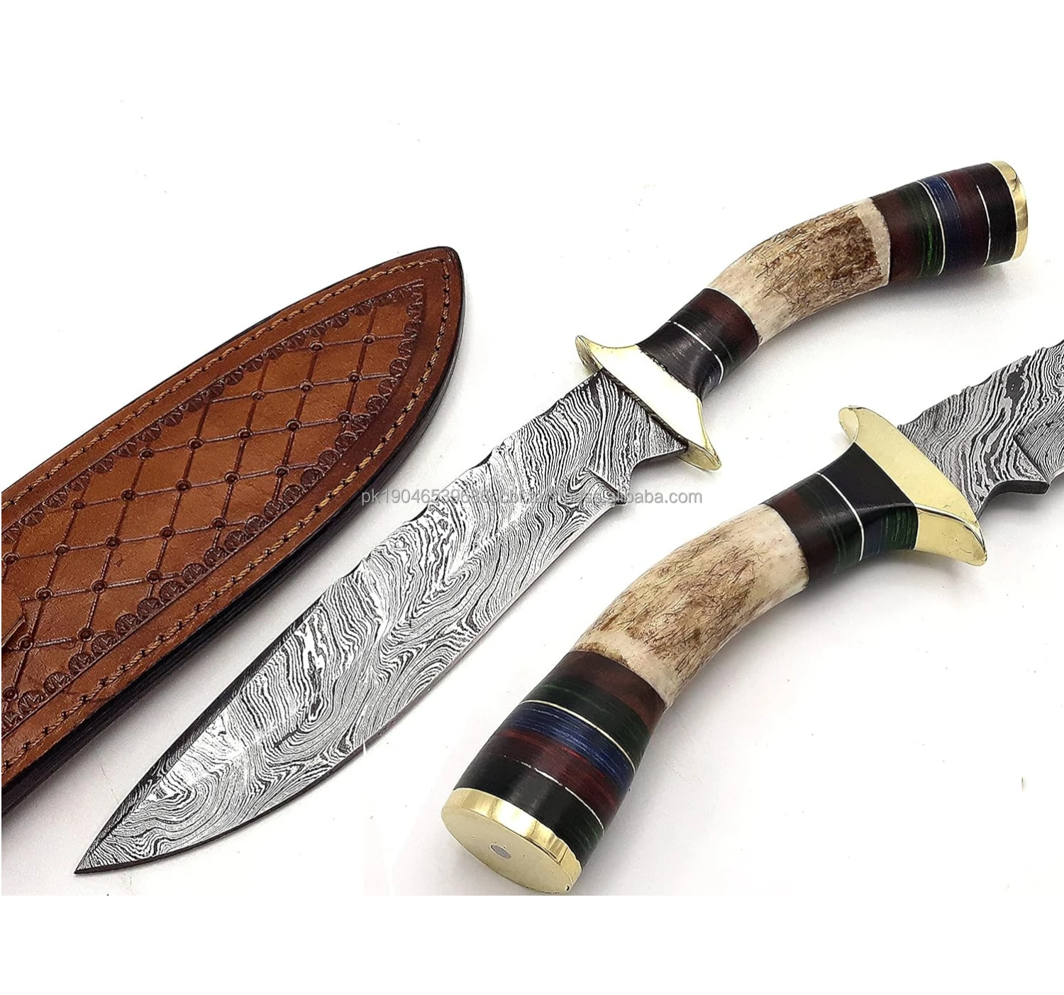 Handmade EDC Damascus Steel Outdoor Hunting Knife Deer Antler Handle Hot Selling Utility Knife Industrial Use Includes Leather