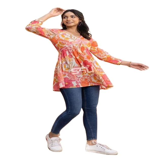 This Beautiful Features Floral Printed Cotton & Premium Rayon Short Tunic Style Tops Can Be Purchased Online At Wholesale Prices