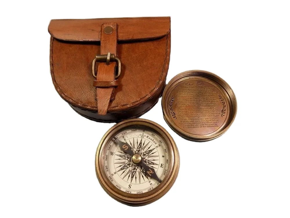 Antiqued Brass Poem Hiking Compass with Leather Case Collectible Usable Decorative